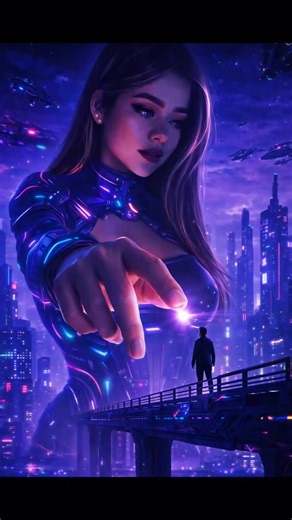 Prompt：Utiliza esta imagen y edítala con estilo ciber punk, con medidas para fondo de pantalla en ps5. Que la chica cuente una vestimenta futurista, que tenga una estatura gigante y esté viendo hacia un hombre en el puente, el hombre con tamaño convencional, ella extiende su mano y con el dedo índice despidiendo una luz casi tocándolo. Atrás un fondo de ciber punk, con muchas luces moradas y tenues, una imagen nítida y clara, naves espaciales sobrevolando alrededor y con colores muy vividos, se 