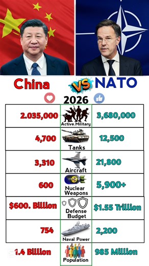 China vs. NATO 2026: Military Power Comparison A comprehensive data comparison of military strength between China and NATO for the year 2026. This video breaks down key statistics including active military personnel, tanks, aircraft, nuclear arsenal, defense budget, naval power, and total population. Key Comparisons: Active Military: 2,035,000 (China) vs. 3,680,000 (NATO) Tanks: 4,700 (China) vs. 12,500 (NATO) Aircraft: 3,310 (China) vs. 21,800 (NATO) Nuclear Weapons: 600 (China) vs. 5,900 (NATO