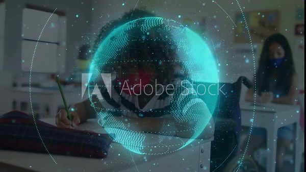 Front pupil writing in classroom for learning starting teal globe growing, rotating, obscuring face