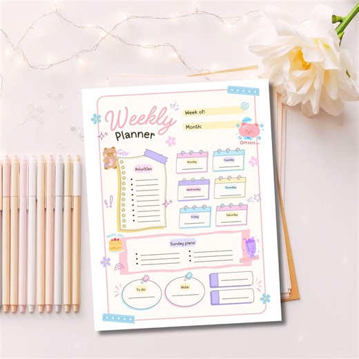 Pastel Bear Weekly Planner Printable | Cute Colorful Weekly Planner Page | Kawaii to Do Checklist | Agenda Organizer | Instant Download PDF - Etsy