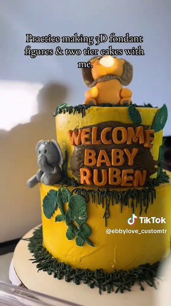 This Is a cake dummy for practicing!!! I love my cake dummies lol , I’m glad I chose to record the process 😍. #cakedecorating #fondant #viral #3dfondantfigure #junglethemecake #safarithemebabyshower #safarithemecake #fypシ #bakerlife #2teircake #cakedecorator