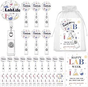 20Sets Lab Week Gifts Medical Laboratory Science Badge Reel Microbiology Gifts with Alligator Clip Thank You Card and Organza Bags for Medical Laboratory Science Scientist Nurse Doctor