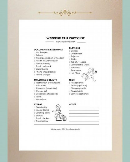 Family Trip Weekend Planner Printable | Travel Checklist & Packing List PDF for Families