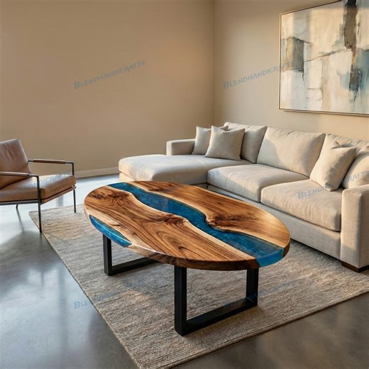 Metallic Blue Epoxy Oval Coffee Table – Natural Acacia Wood Dining Table – Custom Furniture - Etsy