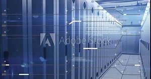 Animation of computer language and illuminated lines passing over data server racks