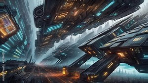 AI animation of transforming futuristic city with steampunk elements, cinematic focus, realistic details