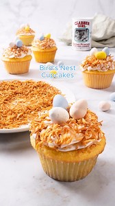 Give the family eggs-actly what they want this Easter: DIY Bird’s Nest Cupcakes 🧁🐣 Topped with toasted coconut and vanilla frosting, this festive treat will be an absolute crowd-pleaser. Get the recipe here: https://bit.ly/3EaISF0 | Clabber Girl