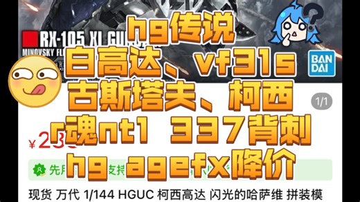 hg传说、白高达、vf31s、古斯塔夫、柯西、r魂nt1 337背刺，hg agefx降价，mg卡zzfa、倒x蠕动，晚间羊毛。