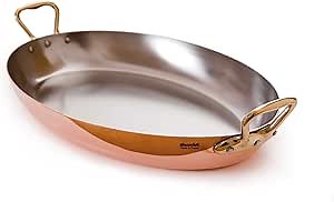 Mauviel M'Heritage 150 B 1.5mm Polished Copper & Stainless Steel Oval Frying Pan With Brass Handles, 13.7 x 9.8-in, Made in France