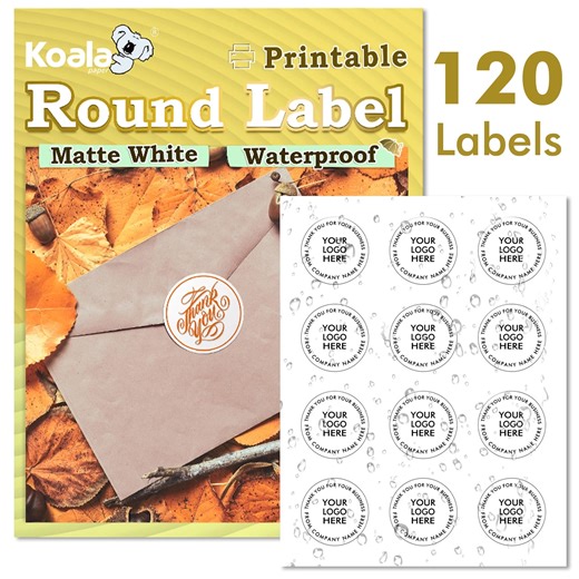 Koala Printable Round Labels 120 Round Stickers 2 inch Waterproof Circle Labels for Inkjet Laser Printers for Soap, Jars, Canning, Matte Vinyl Sticker Paper