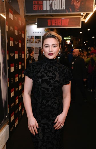 Florence Pugh Does Dracula Glamour in an Ornate Black Dress and Deep Red Lip