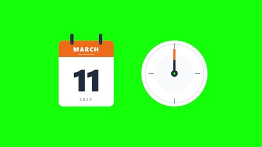 Animated calendar and clock showing time passing on green screen