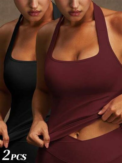 2 Pcs Women Yoga Halter Neck Crop Tank Tops Removable Pads Sexy Backless Workout Top Summer Y2K Casual Solid Color Soft For Gym Daily Wear All Seasons | SHEIN