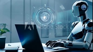 Robot working on a laptop in a modern office setting during the day showcasing advanced technology and artificial intelligence