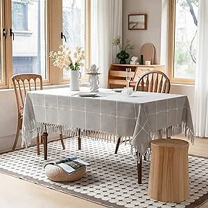 Rustic Handmade Tassels Tablecloth - Waterproof Tablecloths for Rectangle Tables Wrinkle Free Oil Stain Resistant Outdoor Table Cover for Party Dining Plaid Table Cloths Grey 55 X 70