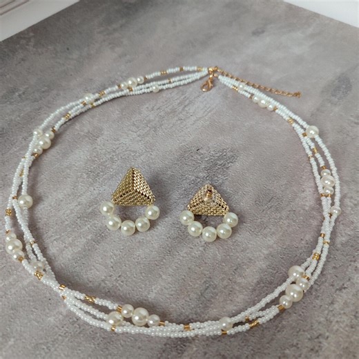 Handmade Gold Pearl Jewelry Set, Beaded Necklace & Geometric Earrings