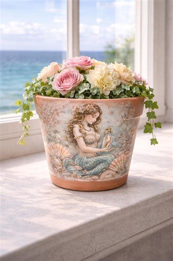 Mermaid Decoupage Flower Pot | Handmade Ocean Planter | Coastal Home Decor | Fantasy Mermaid Planter | Gift for Mermaid Lovers - Etsy