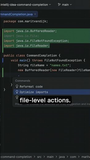 Use command completion for file level actions; reformat code, optimize imports and more...