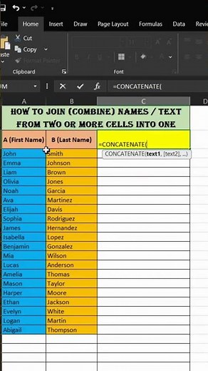 How to combine Names / text from two or more cells into one #excel #DataAnalysis #concatenateformula