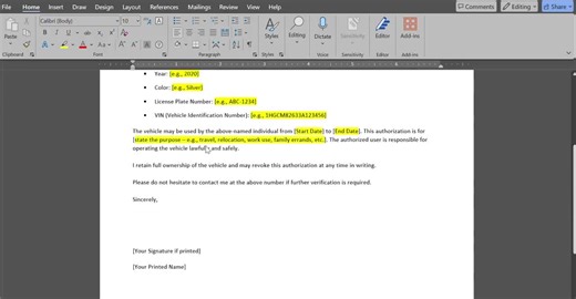 Editable Vehicle Authorization Letter Template (word File) - Etsy