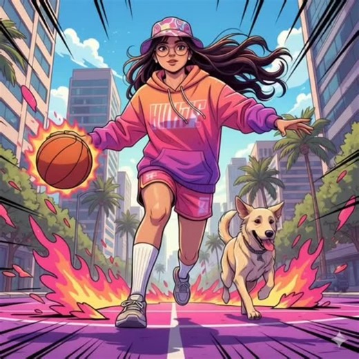 JJ on Instagram: "Transform this image [UPLOAD YOUR IMAGE] into a 64K DSLR shot resolution of A dynamic, stylized urban action scene blending realistic photography with bold comic-book illustration. A young athletic woman (same face as the uploaded image) is captured mid-motion while dribbling a basketball on a city street, shot from a dramatic low-angle perspective to emphasize movement and power. She is wearing a colorful streetwear outfit: a￼ vibrant oversized hoodie in pink, orange, and purp