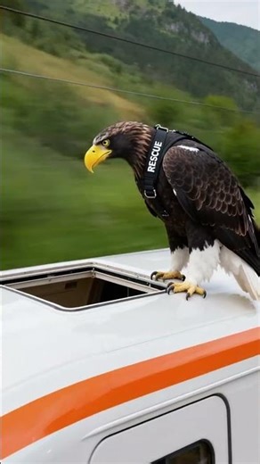 An eagle breaks the sky, air-dropping onto a train with a male ecologist.
