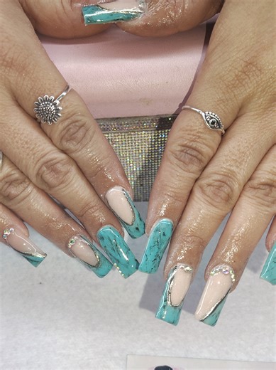 Custom Cute Turquoise Nails with Silver Chrome Effect