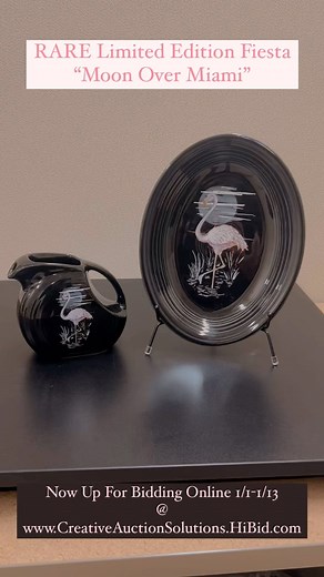 Rare Fiesta Limited Edition “Moon Over Miami” Mini Disk Pitcher & Oval Plate. Beautiful Vintage Fiestaware Set Now Up For Auction Online until January 13th at 6pm at www.CreativeAuctionSolutions.HiBid.com !!! #fiesta #fiestawarekitchen #fiestacollectors #fiestawarefriday #fiestafinds #fiestawareaddiction #fiestacolorlove #fiestaware #fiestacollector #fiestawareforsale #fiestafavorites #fiestafriends | Creative Auction Solutions
