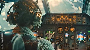 An airplane pilot is seated in the cockpit wearing a headset and headphone