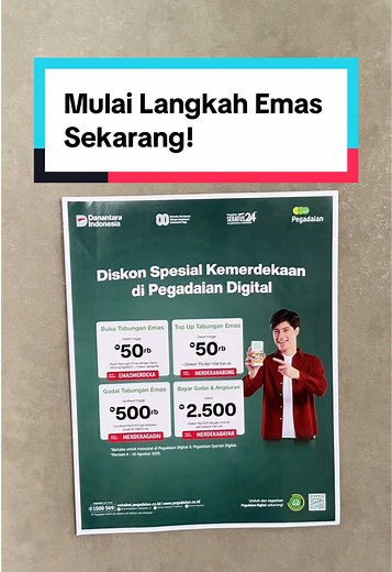 Ambil Langkah Emas bersama Pegadaian! Gunakan kode promo favorit Sahabat Pegadaian dan nikmati diskon sampai Rp50.000! Jangan sampai ketinggalan, promo spesial ini cuma berlaku dari 6–24 Agustus 2025. Raih keuntungan Langkah Emas-mu sekarang juga! #Pegadaian #SahabatPegadaian #MulaiDenganLangkahEmas