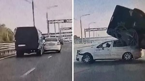 Minibus speeds up to stop merging car - gets instant karma