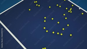 3D animation of tennis court lots of balls on the field