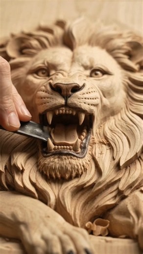 A fierce roaring lion carved from wood 🦁 Pure craftsmanship in every detail!