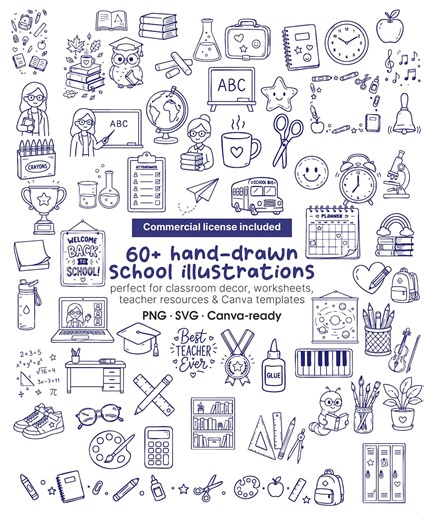 60  Hand-drawn School Illustrations, Teacher Doodle Icons, Classroom PNG SVG (digital Download) - Etsy