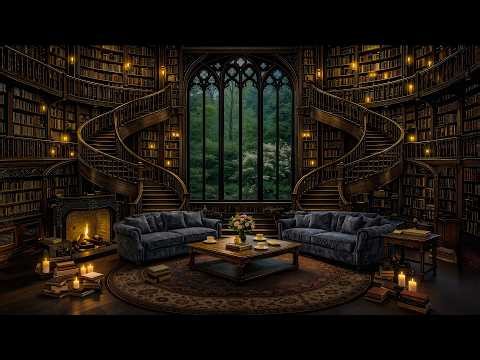 Spring Victorian Gothic Library in Rainy Ambience 🌧️ Dark Academia Piano for Reading, Study Focus