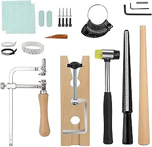 HAADID 15-Pieces Ring Mandrel Set, Ring Sizer Measuring Tool, Ring Making Kit with Plastic Ring Sizer, Rubber Hammer, Polishing Cloth, Cutting Frame, Saw Bow, Wooden Sticks, Ring Making Tools