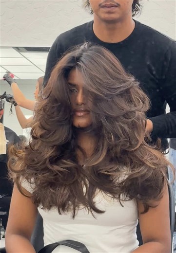 Tan Skin Queen 👸 Extra Butterfly Haircut 🦋 Make an appointment to experience haircut like this! Show and save this as a reference ! #butterflycut #srihartamas #srihartamas #layerhaircut #90sblowout #volumehair #fyp #layeredhaircut #hairtok