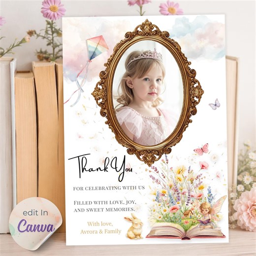 Editable Storybook Thank You Card, Fairy Tale Party, A New Chapter Theme, Canva Template - Etsy