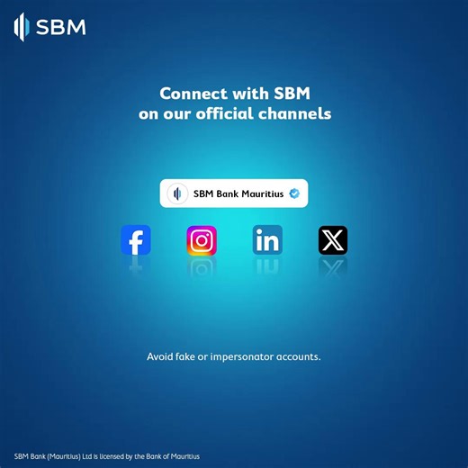 News, offers, updates — everything SBM, all in one place. Follow us on our official channels and stay connected. Facebook: SBM Bank Mauritius Instagram: @sbm_bank LinkedIn: SBM Bank Mauritius / SBM Group X: @sbmmauritius | SBM Bank Mauritius