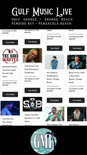🎤 𝐆𝐌𝐋 𝐒𝐞𝐭𝐥𝐢𝐬𝐭 – 𝐓𝐮𝐞𝐬𝐝𝐚𝐲, 𝐅𝐞𝐛 𝟐𝟒𝐭𝐡 🎤 ☀️ GulfMusicLive.com ☀️ It's a good day to warm back up on the Gulf Coast with great live music. GML has you covered with live music options this afternoon and tonight for Gulf Shores, Orange Beach, Pensacola, Navarre, and the whole region. Quickly pull up who’s playing where — search by artist, venue, or area to lock in your evening plans: 👉 GulfMusicLive.com Follow us on FB at Gulf Music Liveto get the daily lineup straight to your