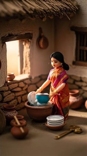 Indian Village Doll Lady Cleaning Utensils with Ash | Miniature Village Life 🏡 #dailyshorts