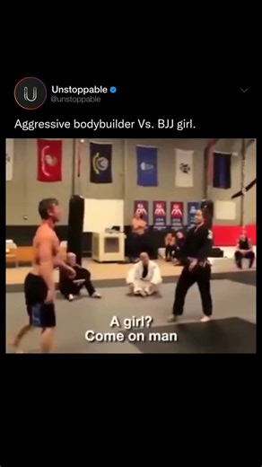 Unstoppable Business | Mindset & Sports on Instagram: "Strength and size mean nothing when skill takes the mat. In this viral video, an aggressive bodybuilder challenges a Brazilian Jiu-Jitsu practitioner, but the result? She puts him to sleep with pure technique.🥋🔥 BJJ is the ultimate equalizer, proving you can submit opponents stronger and bigger than you. It’s not about brute force; it’s about strategy, leverage, and control. Thoughts? 👀 For more 👉@unstoppable 📲🤝 #unstoppable #bjj #jiuj
