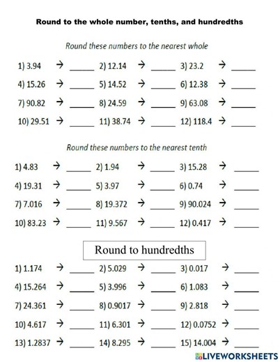 Rounding whole numbers, decimals tenths, and hundredths worksheet