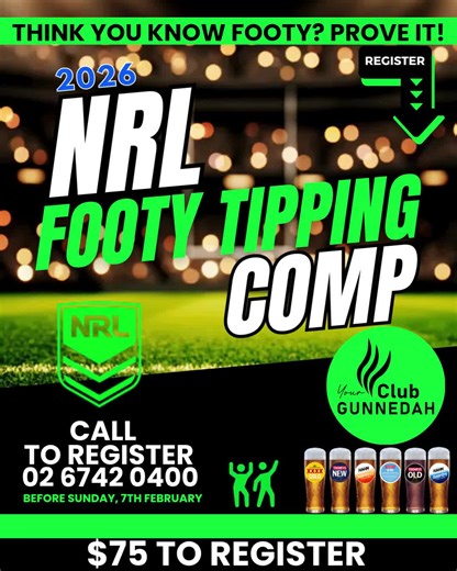 Club Gunnedah | Think you know footy? Prove it. The 2026 NRL Footy Tipping Comp is now open at Your Club Gunnedah. Put your tips in each week, enjoy a free... | Instagram