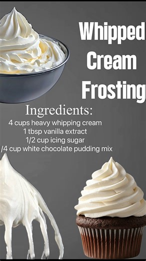 Incredibly delicious and perfectly stable whipped cream frosting. Ingredients: - 32 oz heavy whipping cream - 1 tbsp vanilla extract - 1/2 cup powdered sugar - 1/4 cup white chocolate pudding mix Instructions: 1. Whisk all ingredients on low until combined. 2. Increase speed to high and whip until stiff peaks form. 3. Use immediately or refrigerate until ready to serve. #cupcakes #frosting #whippedcream #cake | 2day’s Delights