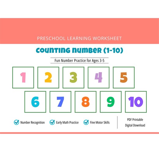 Counting Number (1–10) Worksheet Printable, Preschool Math Activity, Kindergarten Counting Practice PDF - Etsy Canada