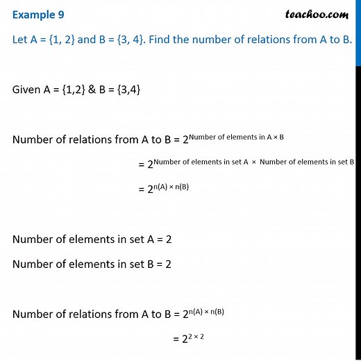 Example 9 - Let A = {1, 2}, B = {3, 4}. Find number of relations