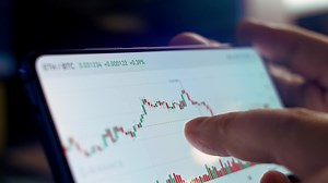 Download Bitcoin cryptocurrency price graph chart on mobile phone screen, cryptocurrency future price prediction concept for free