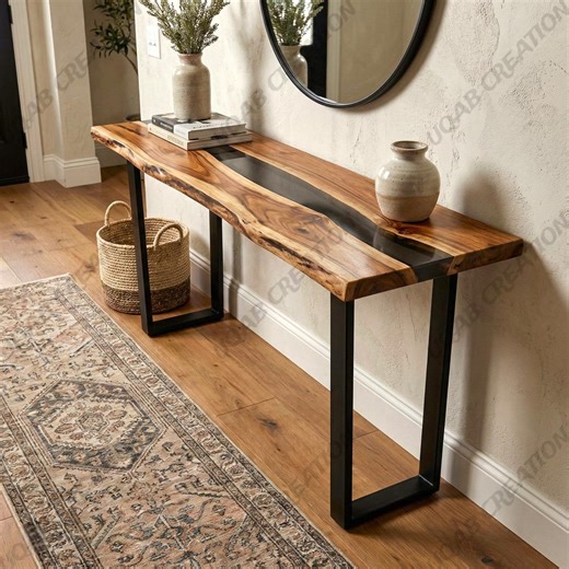 Handmade Live Edge Console Table: Translucent Black Epoxy Resin, Modern Rustic - Etsy