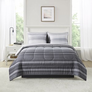 Mainstays 7-Piece Reversible Bed in a Bag Comforter Set with Sheets, Gray Stripe Ombre, Queen